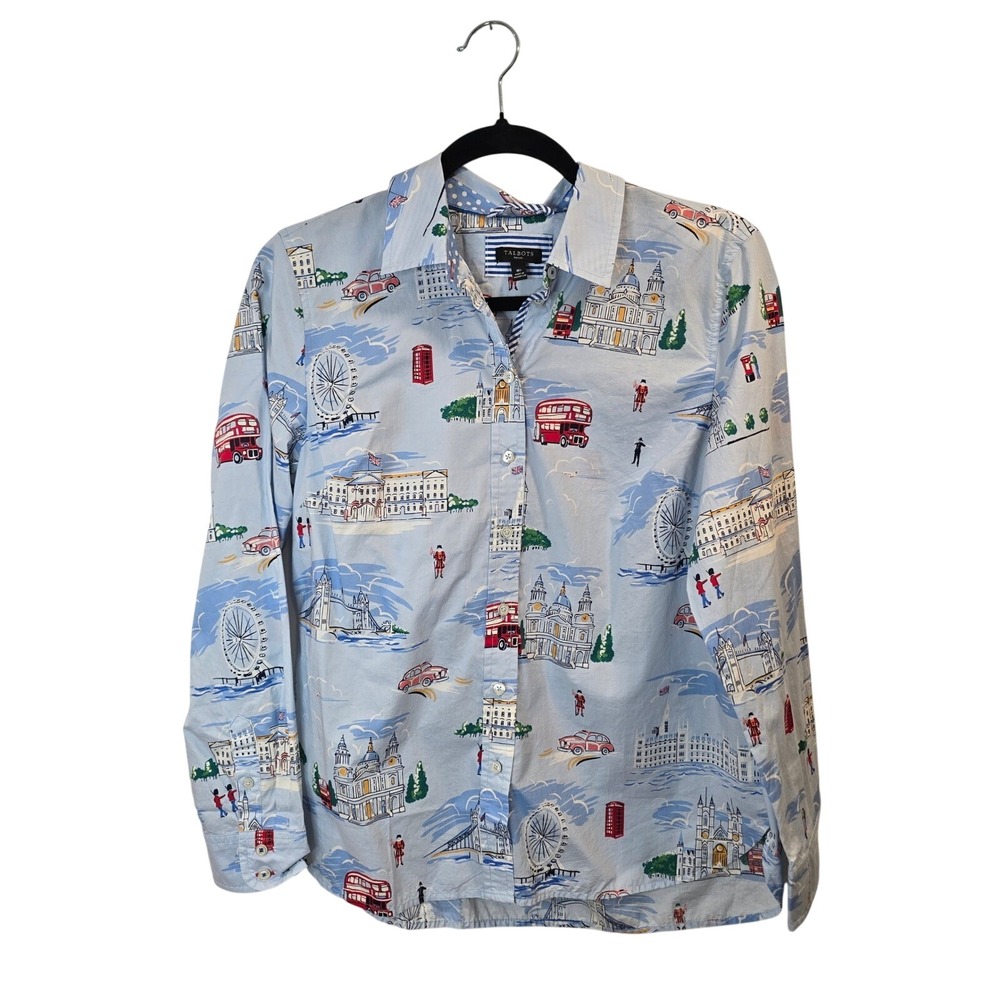 Talbots Button Down Shirt Women Medium Petite Blue London Novelty Print Cotton